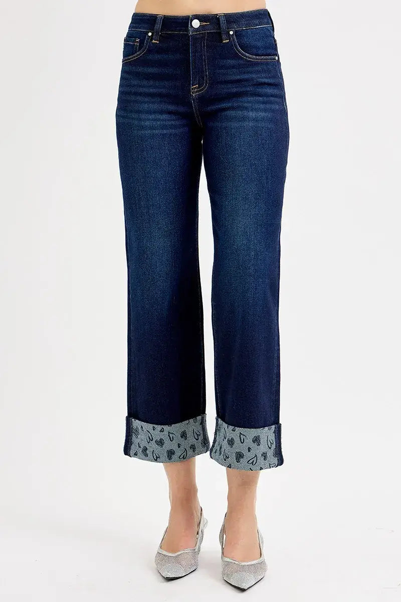 RISEN Full Size Mid Rise Fit Crop Wide With Printed Cuff Jeans Plus Size - Trendsi - Flyclothing LLC