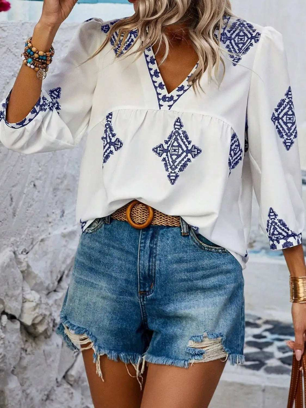 Printed V-Neck Three-Quarter Sleeve Blouse - Trendsi - Flyclothing LLC