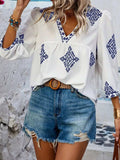 Printed V-Neck Three-Quarter Sleeve Blouse - Trendsi - Flyclothing LLC