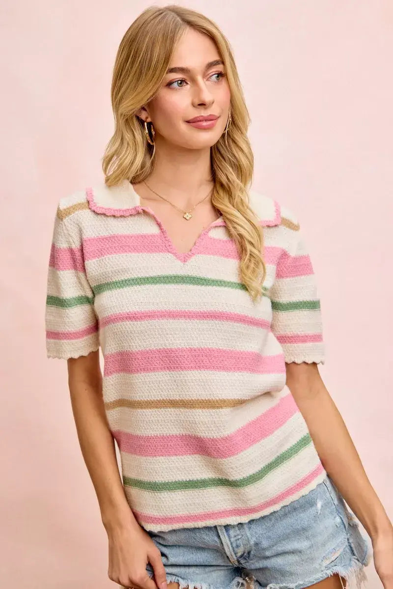 BiBi Multi Colors Stripes Collared Knit Top - Trendsi - Flyclothing LLC