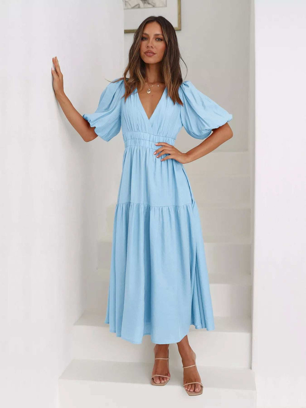 Tiered Puff Sleeve Midi Dress - Trendsi - Flyclothing LLC