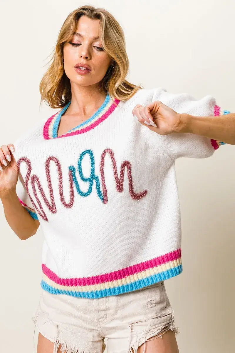 BiBi Metallic Letter Short Puff Sleeve Sweater - Trendsi - Flyclothing LLC