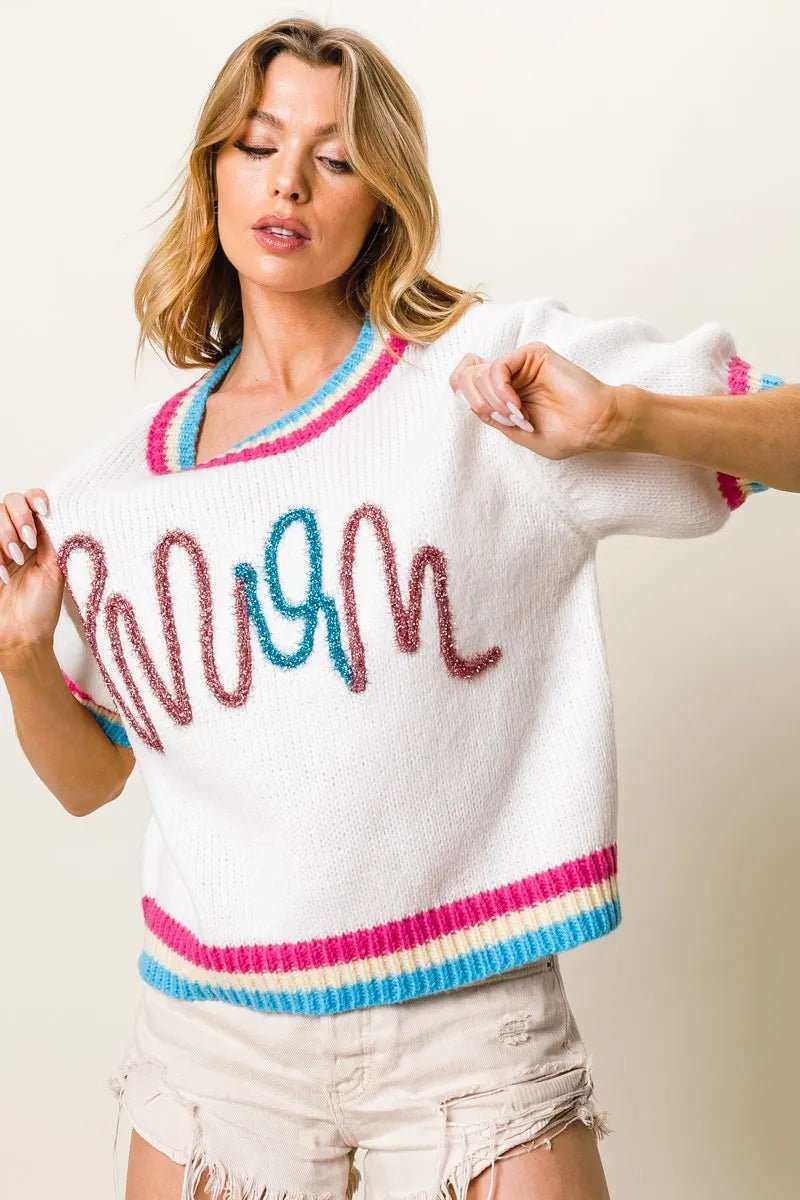 BiBi Metallic Letter Short Puff Sleeve Sweater - Trendsi - Flyclothing LLC