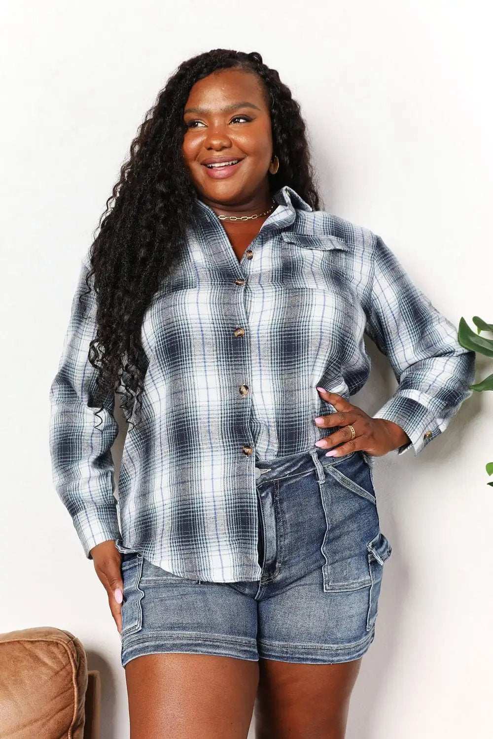 Mandy Plaid Dropped Shoulder Shirt - Trendsi - Flyclothing LLC