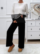 Devine Slit Striped Round Neck Top and Pants Sweater Set - Trendsi - Flyclothing LLC