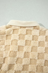 Plush Checkered Corduroy Trim Metal Button Long Sleeve Shift Silhouette Shacket - Trendsi - Flyclothing LLC