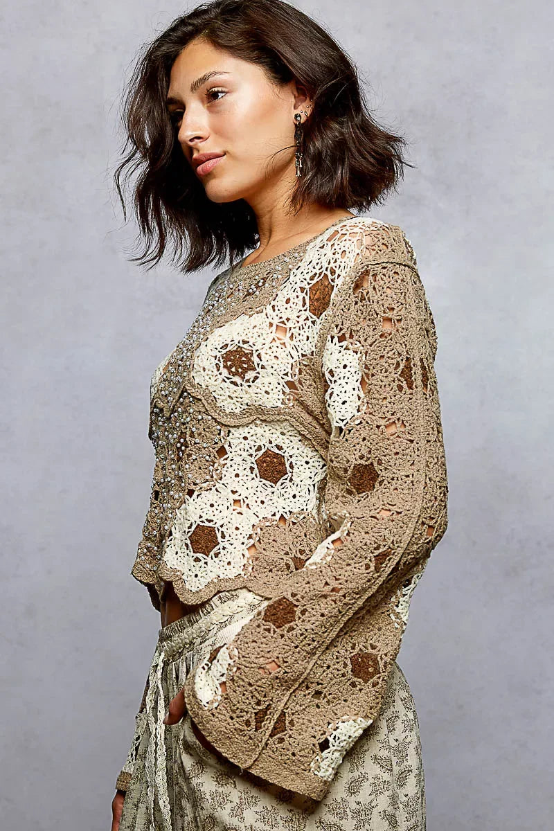 POL Floral Weave Pattern Crochet Cropped Top with Beads Detail - Trendsi - Flyclothing LLC