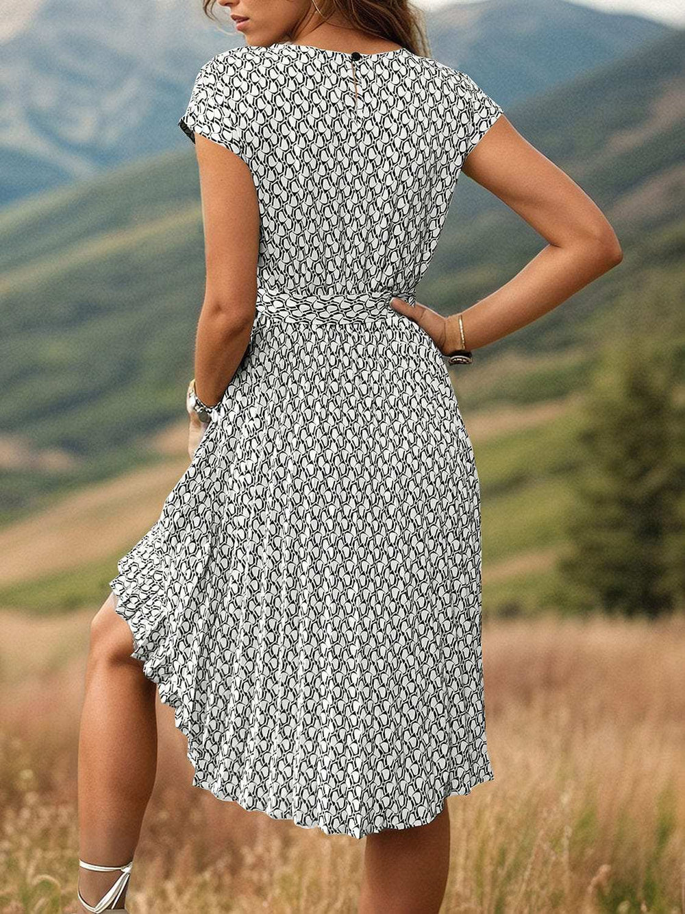 Printed Cap Sleeve Tie Waist Dress - Trendsi - Flyclothing LLC
