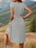 Printed Cap Sleeve Tie Waist Dress - Trendsi - Flyclothing LLC