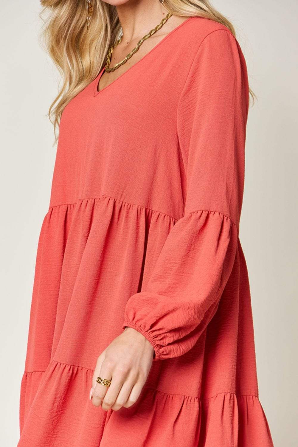 Double Take Full Size V-Neck Balloon Sleeve Tiered Dress - Trendsi - Flyclothing LLC