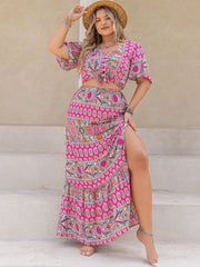 Plus Size Printed V-Neck Half Sleeve Top and Skirt Set - Trendsi