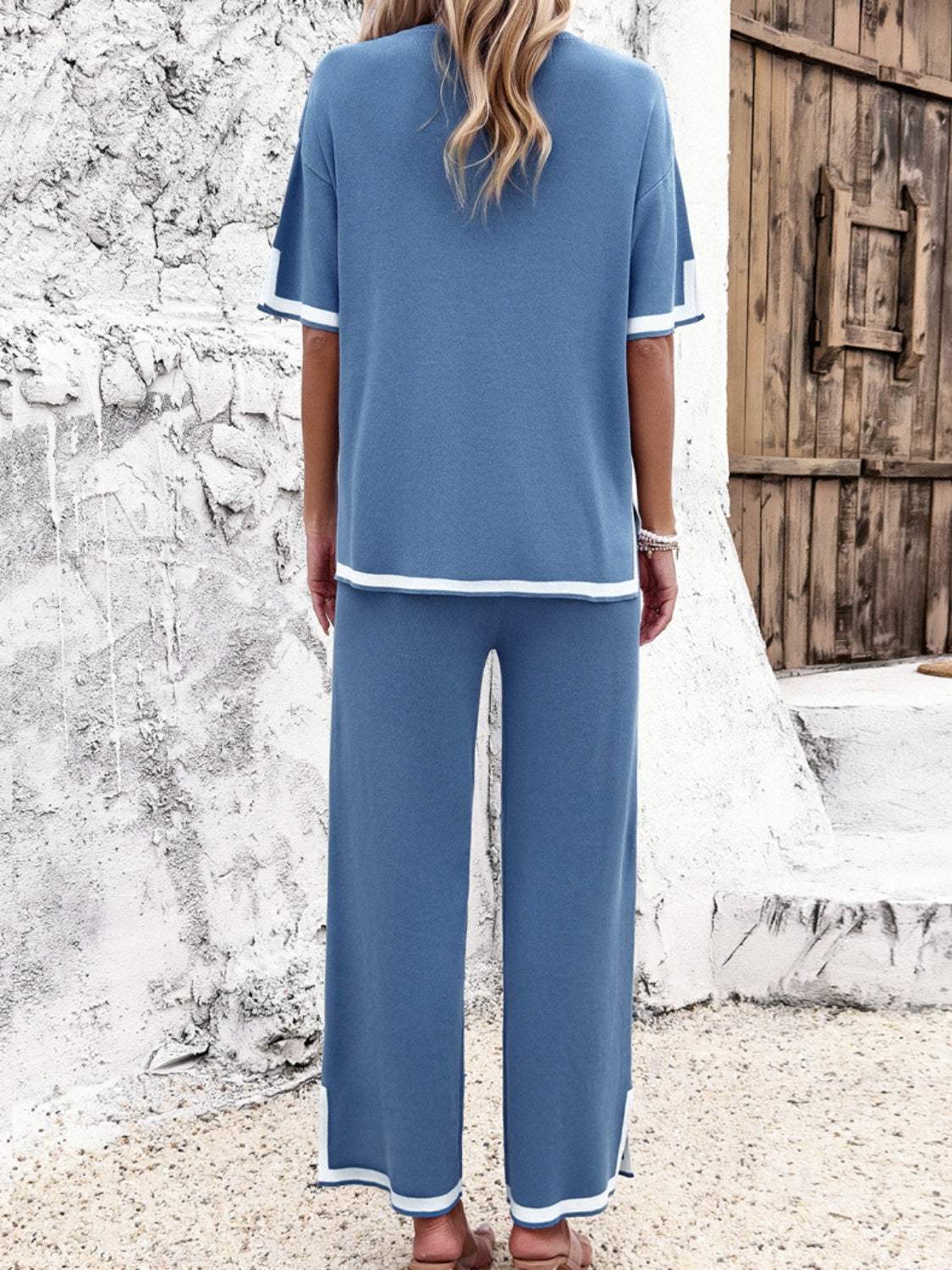 Contrast Trim Round Neck Top and Pants Set - Trendsi - Flyclothing LLC