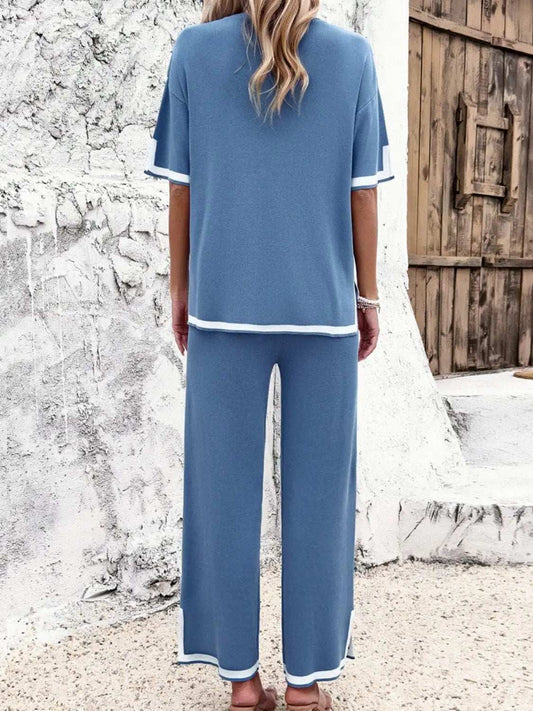 Contrast Trim Round Neck Top and Pants Set - Trendsi - Flyclothing LLC