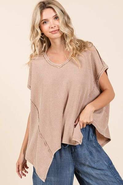 Mittoshop Mineral Wash Waffle Knit Pointed Hem Oversized Top - Trendsi - Flyclothing LLC