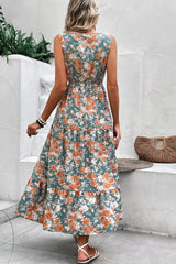 Floral Print Trimmed V Neck Tie Waist Sleeveless Dress - Trendsi - Flyclothing LLC