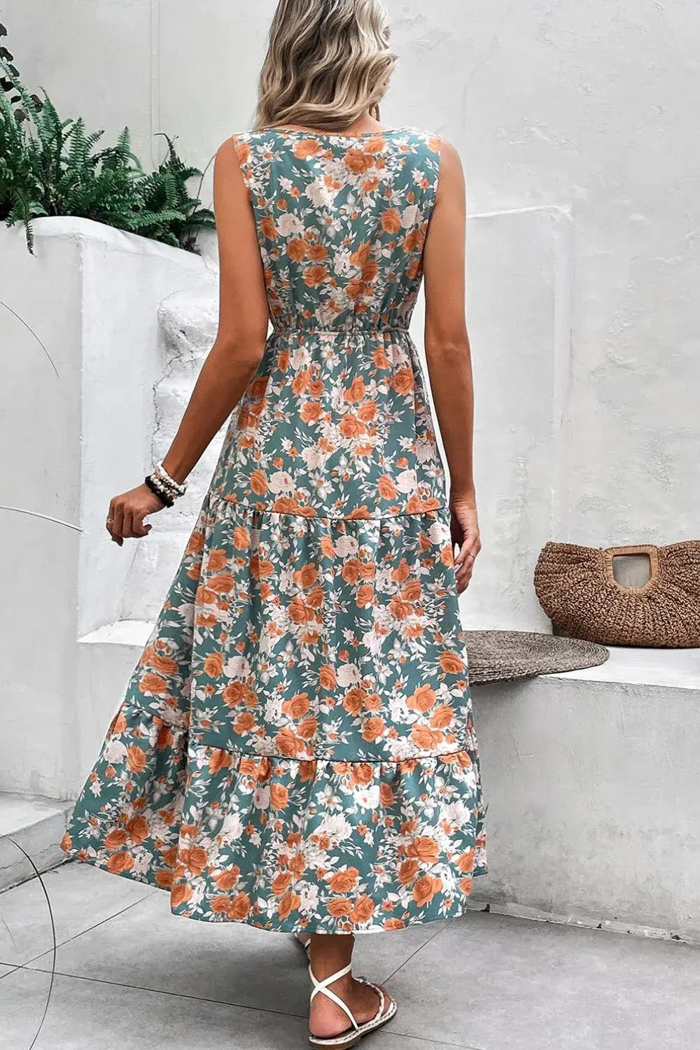 Floral Print Trimmed V Neck Tie Waist Sleeveless Dress - Trendsi - Flyclothing LLC