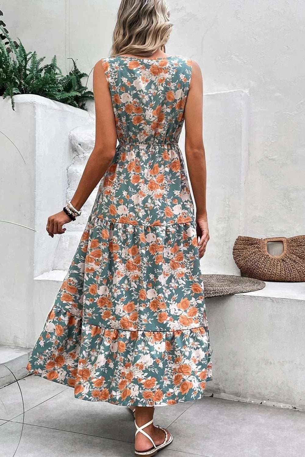 Floral Print Trimmed V Neck Tie Waist Sleeveless Dress - Trendsi - Flyclothing LLC
