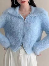 Fluffy Knit Zip-Up Outerwear - Trendsi - Flyclothing LLC