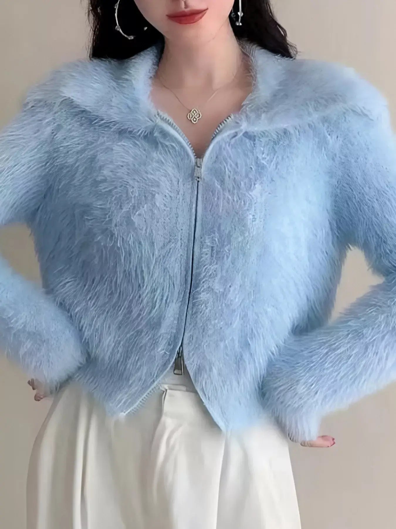 Fluffy Knit Zip-Up Outerwear - Trendsi - Flyclothing LLC