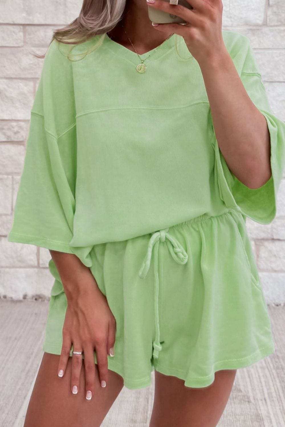 Loose V Neck Half Sleeve Tee and Drawstring Shorts Plus Size - Trendsi - Flyclothing LLC