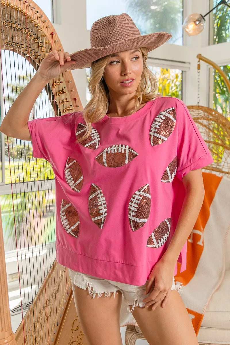 BiBi Game Day Sequins Patched Half Sleeves Top - Trendsi - Flyclothing LLC
