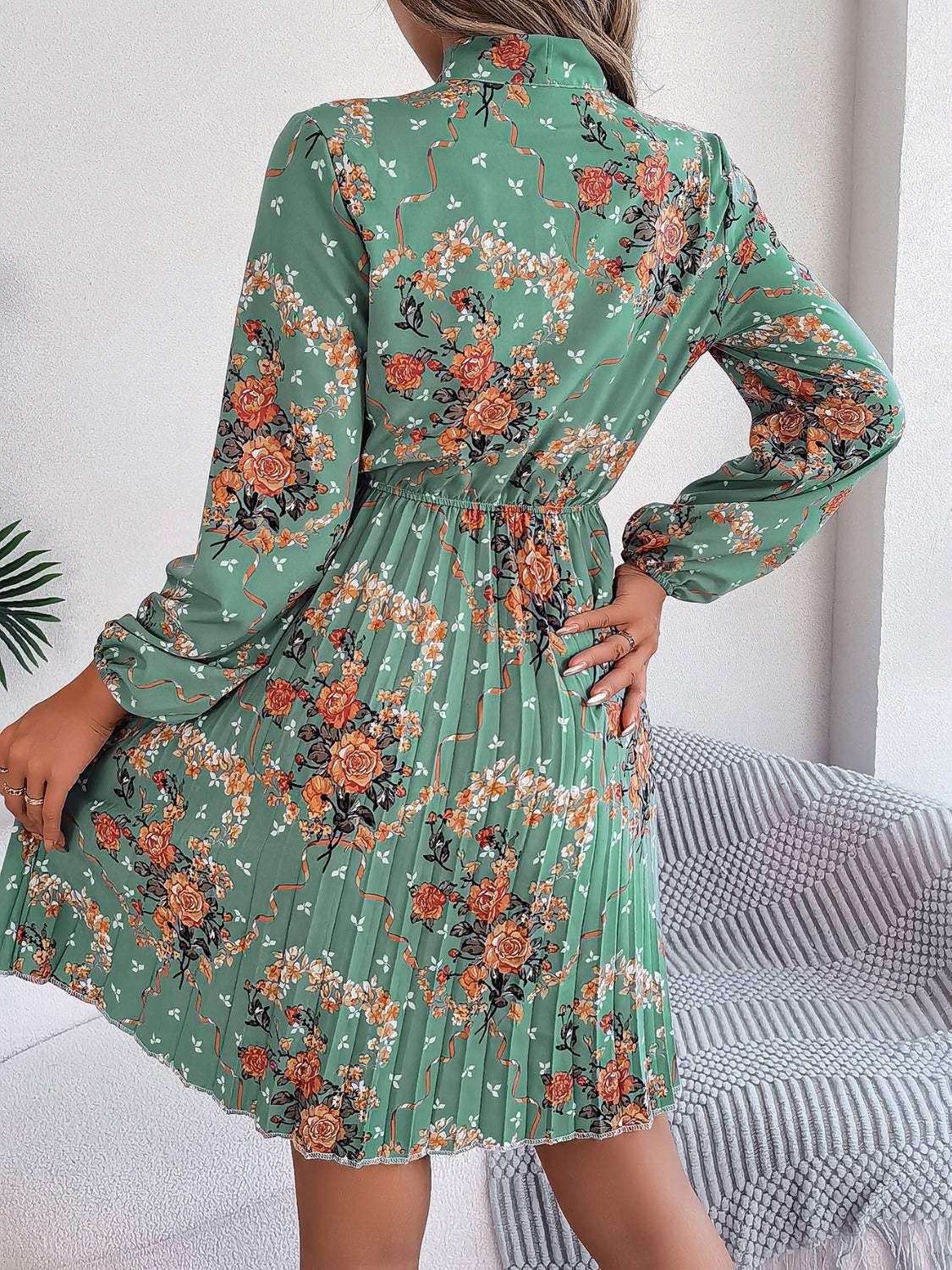 Pleated Printed Tie Neck Long Sleeve Dress - Trendsi - Flyclothing LLC