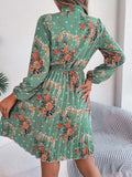 Pleated Printed Tie Neck Long Sleeve Dress - Trendsi - Flyclothing LLC