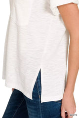 Zenana Slub Rolled Short Sleeve V-Neck Tee - Trendsi - Flyclothing LLC