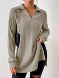 Slit Johnny Collar Long Sleeve Top - Trendsi