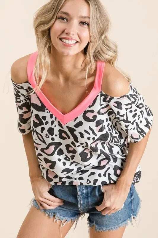 BiBi Leopard Print Top with Shoulder Cut Out - Trendsi - Flyclothing LLC