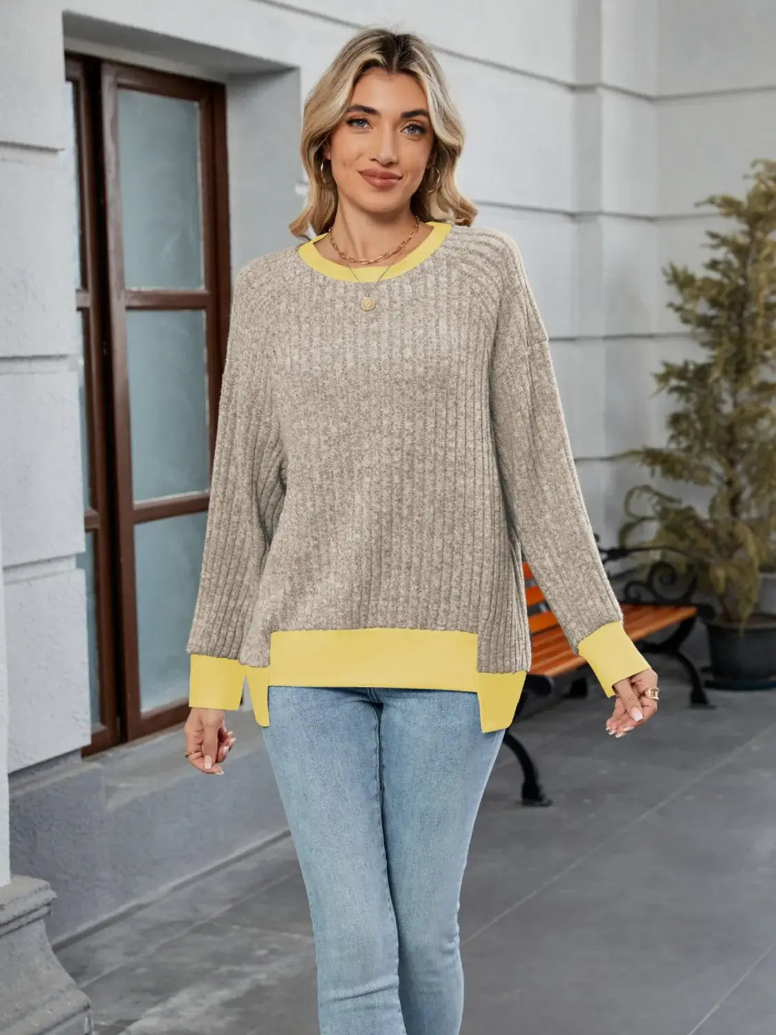 Contrast Trim Round Neck Long Sleeve T-Shirt - Trendsi - Flyclothing LLC
