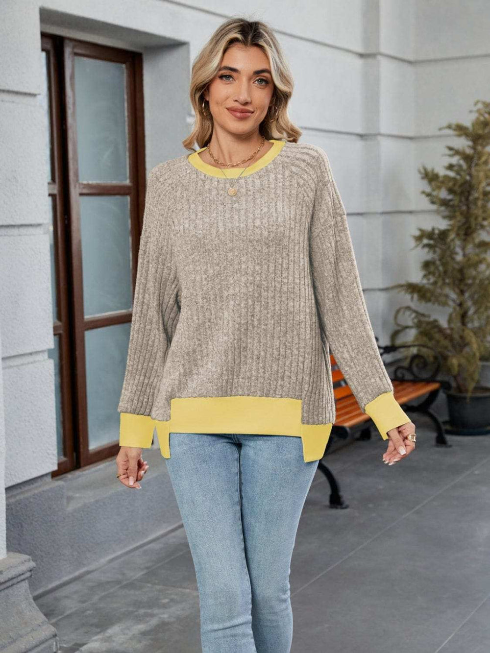 Contrast Trim Round Neck Long Sleeve T-Shirt - Trendsi - Flyclothing LLC