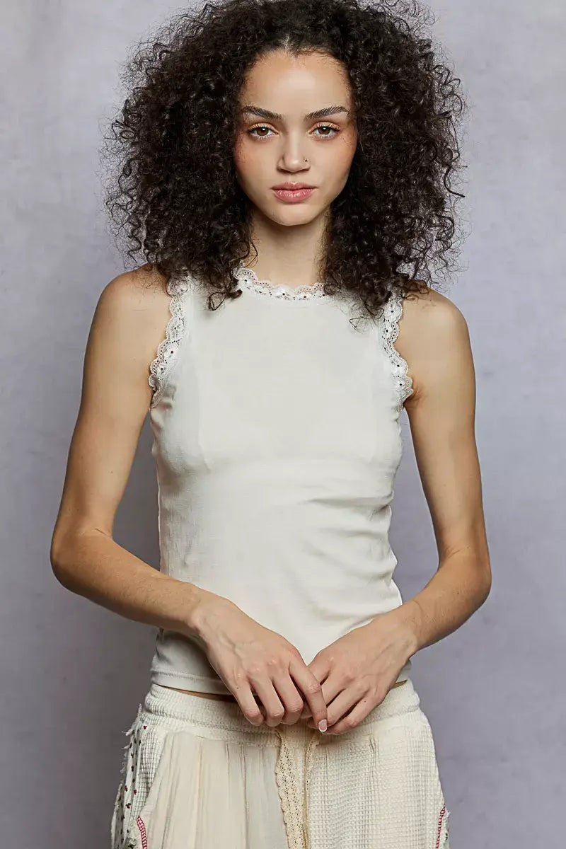 POL Round Neck Cropped Tank with Lace Trim - Trendsi - Flyclothing LLC