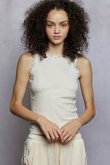 POL Round Neck Cropped Tank with Lace Trim - Trendsi - Flyclothing LLC