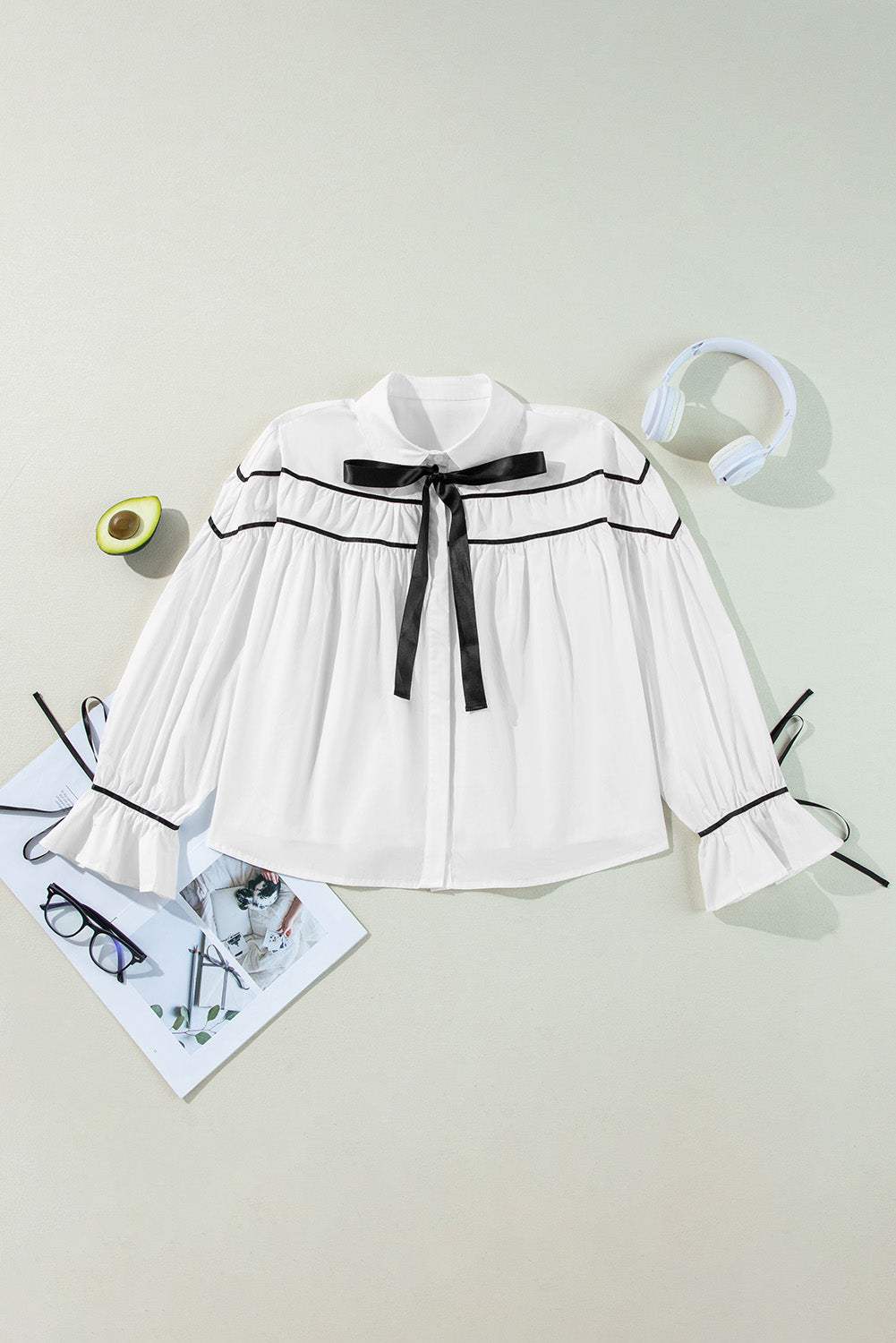 Ribbon Bowtie Collared Neck Flounce Sleeve Shirt - Trendsi - Flyclothing LLC
