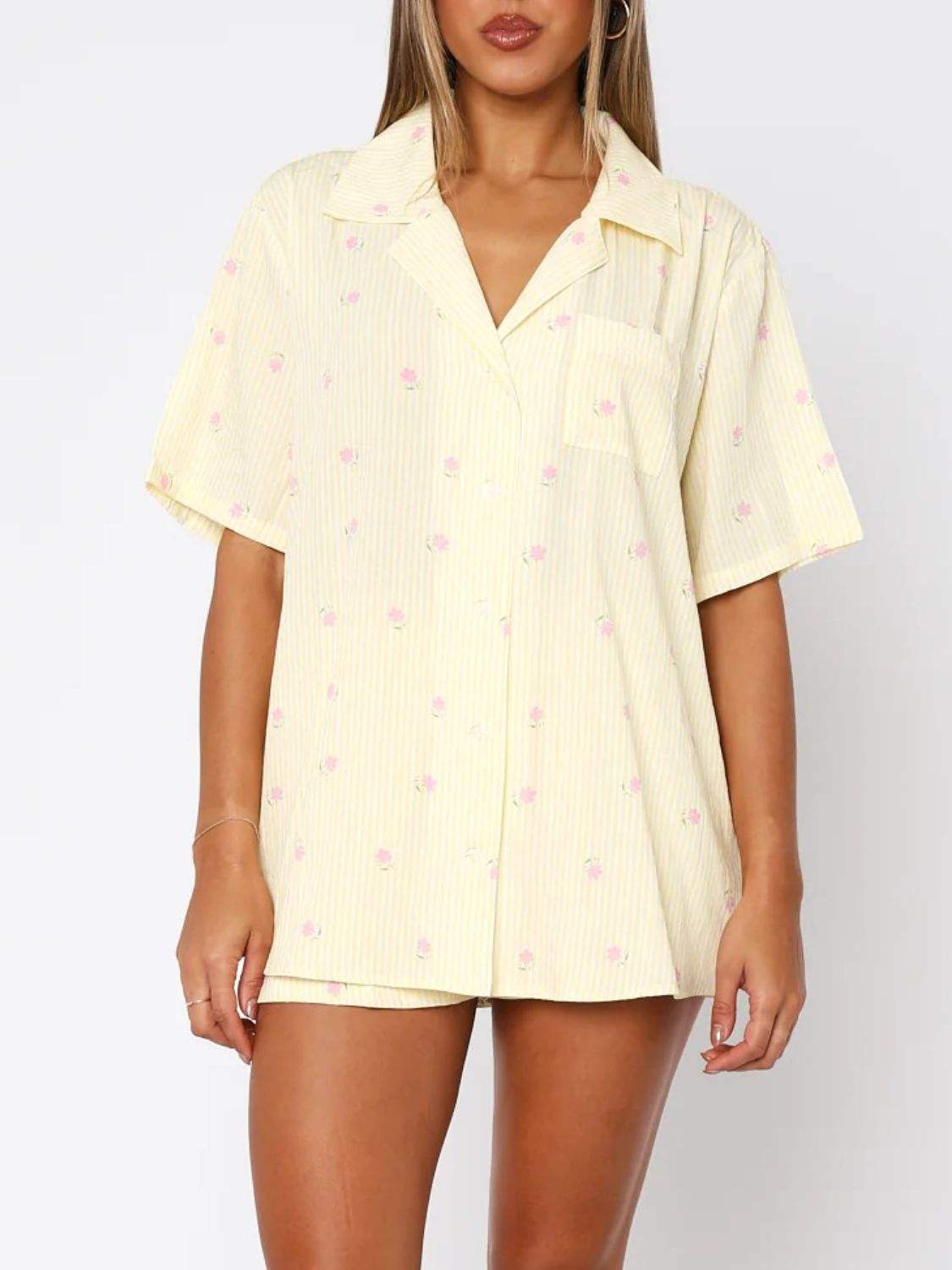 Valentine's Day Printed Collared Neck Short Sleeve Top and Shorts Set - Trendsi - Flyclothing LLC