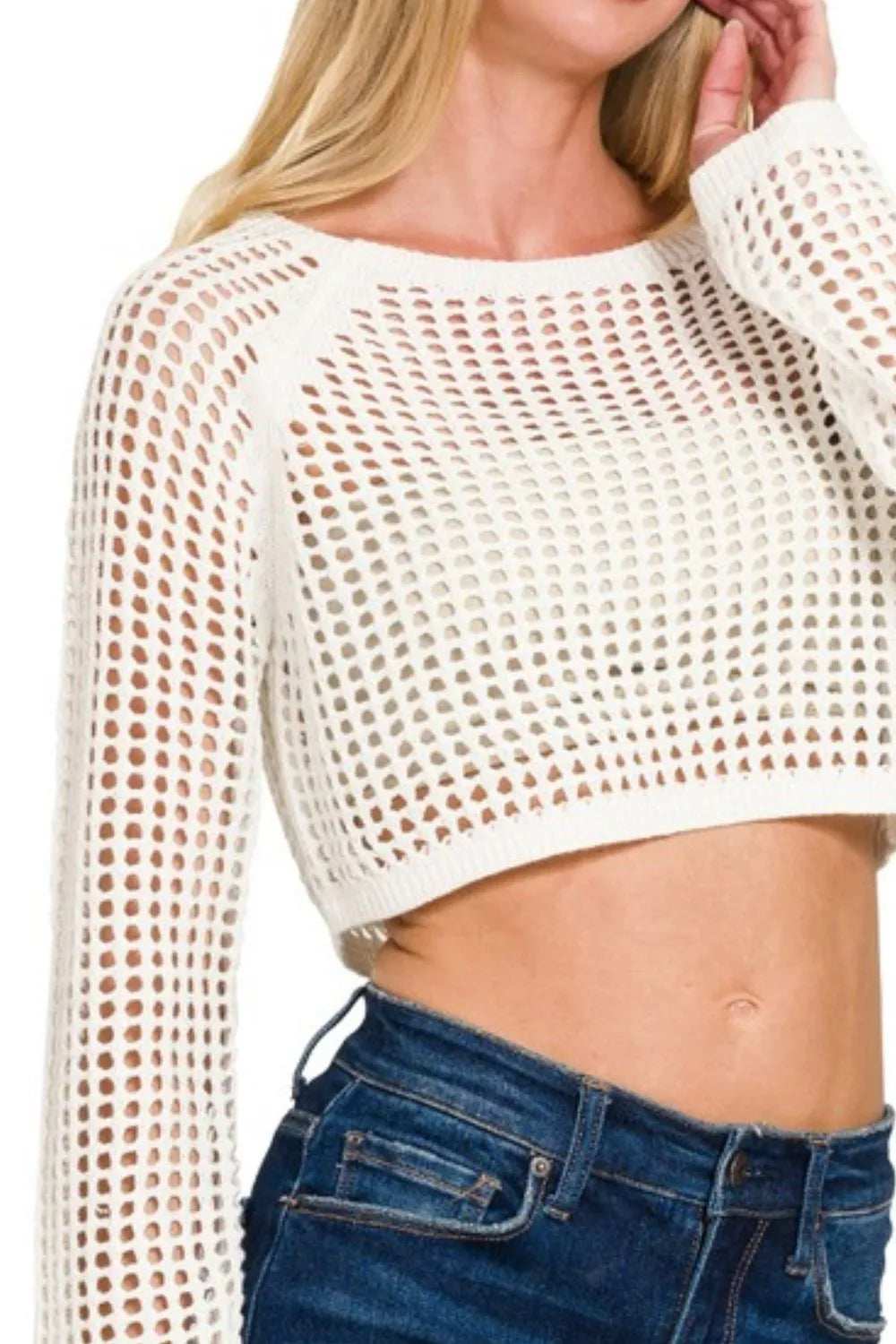 Zenana Hollow Knitted Cropped Round Neck Sweater - Trendsi - Flyclothing LLC