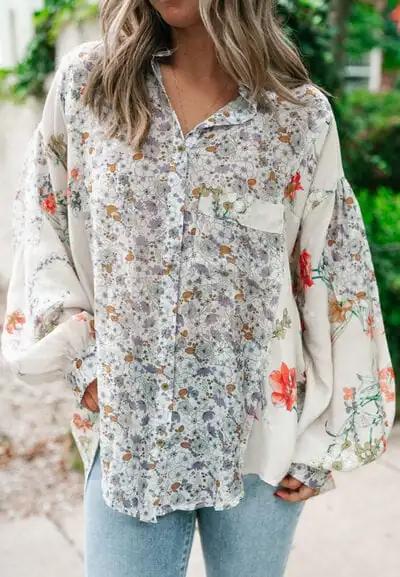 Floral Collared Neck Long Sleeve Shirt - Trendsi