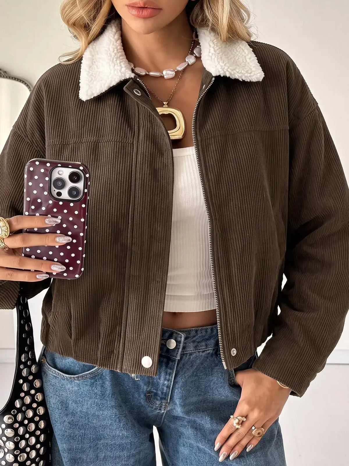 Contrast Sherpa Collar Corduroy Zip Up Jacket - Trendsi - Flyclothing LLC