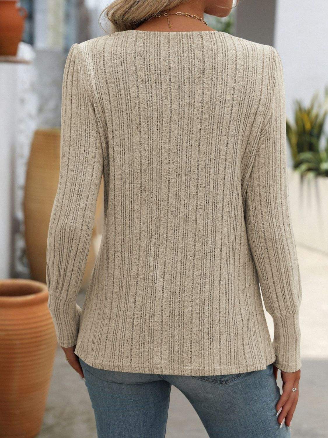 Decorative Button Striped Square Neck Long Sleeve T-Shirt - Trendsi - Flyclothing LLC