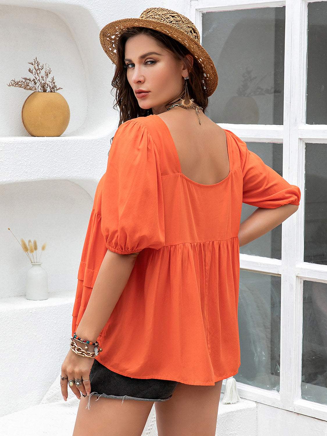Plus Size Square Neck Half Sleeve Blouse - Trendsi - Flyclothing LLC
