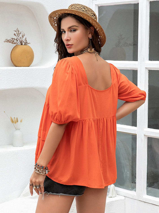 Plus Size Square Neck Half Sleeve Blouse - Trendsi - Flyclothing LLC