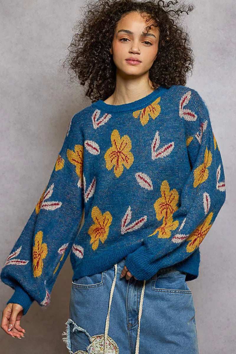 POL Floral Pattern Round Neck Balloon Sleeve Sweater - Trendsi - Flyclothing LLC
