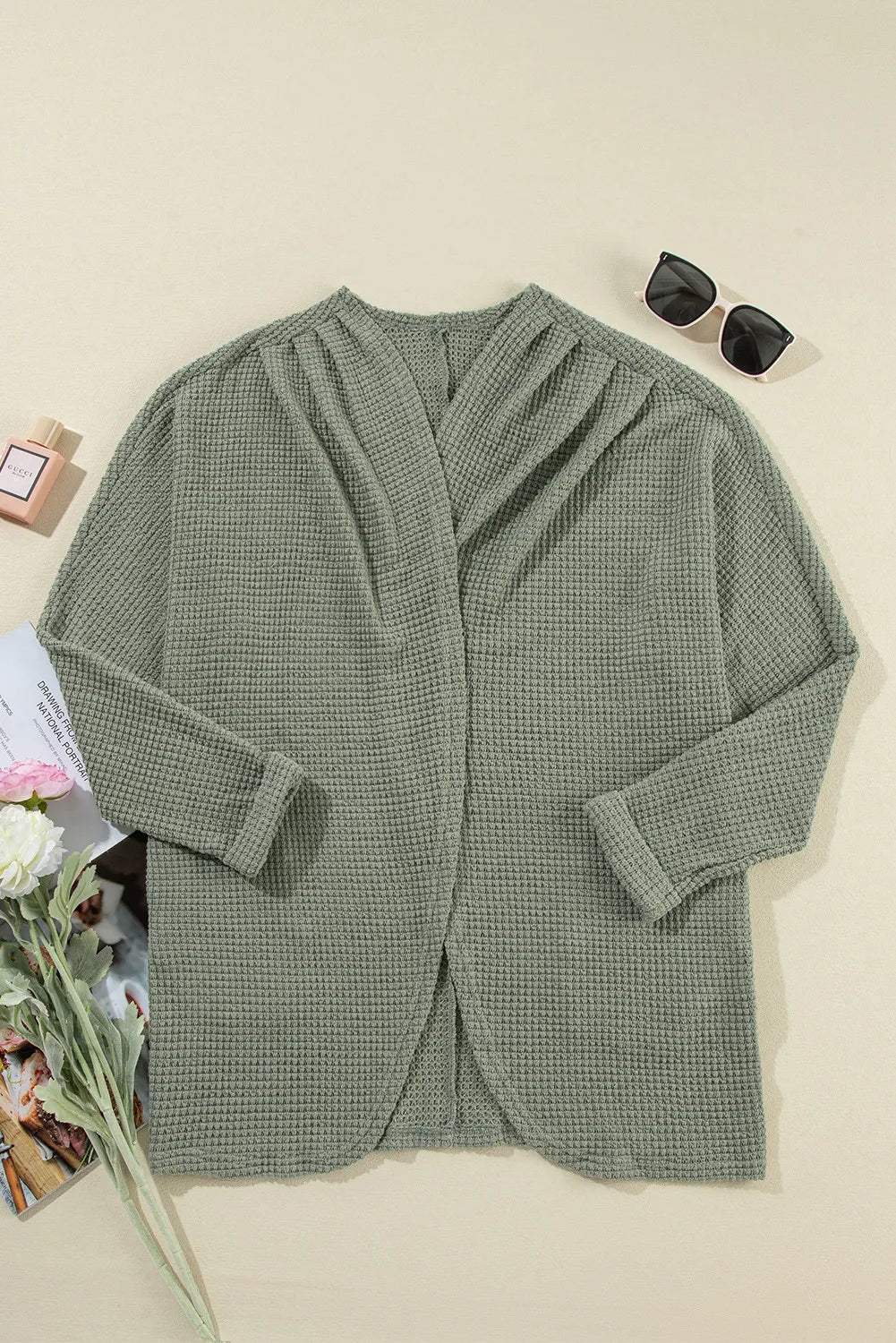 Waffle-Knit Open Front Long Sleeve Cover Up - Trendsi - Flyclothing LLC