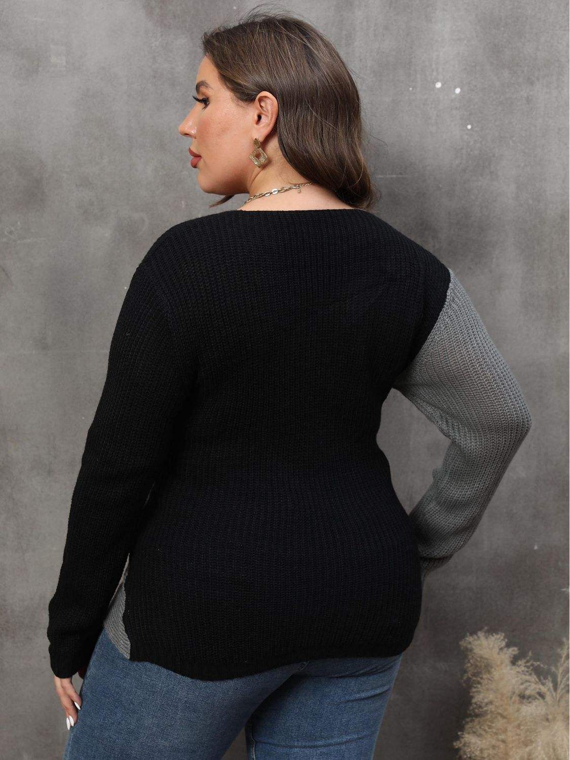 Plus Size Two-Tone Surplice Neck Sweater - Trendsi - Flyclothing LLC