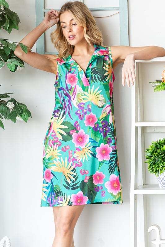 Heimish Full Size Floral Johnny Collar Sleeveless Dress Plus Size - Trendsi - Flyclothing LLC