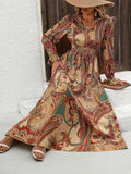 Smocked Printed V-Neck Flounce Sleeve Dress - Trendsi