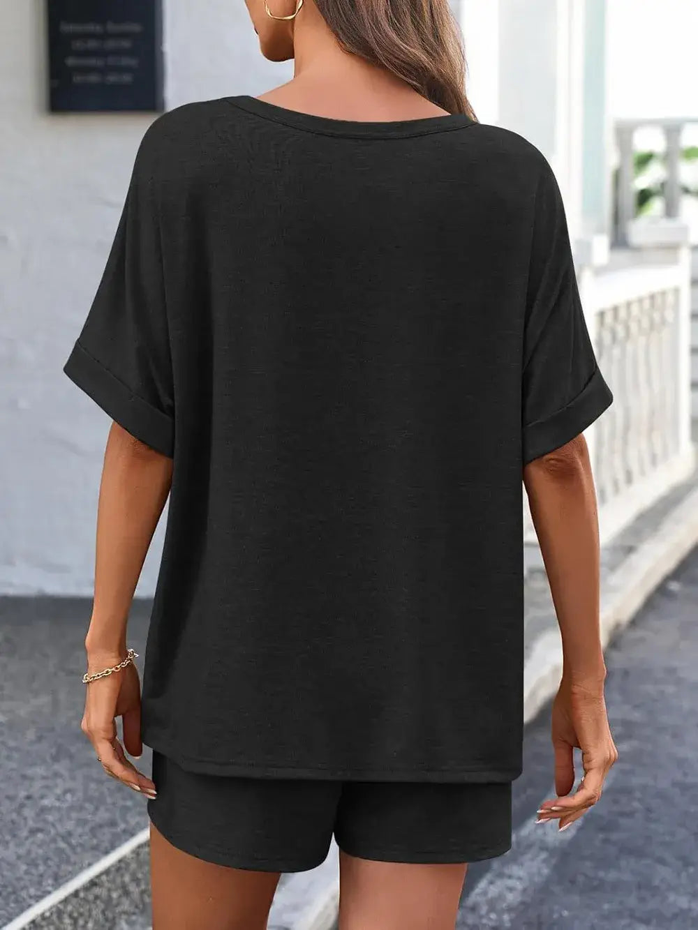 Round Neck T-Shirt and Drawstring Shorts Set - Trendsi - Flyclothing LLC