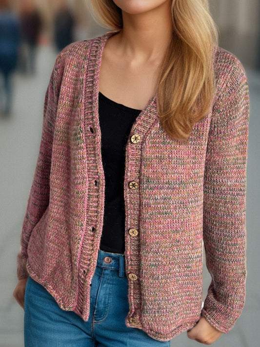 Heathered V-Neck Long Sleeve Cardigan - Trendsi
