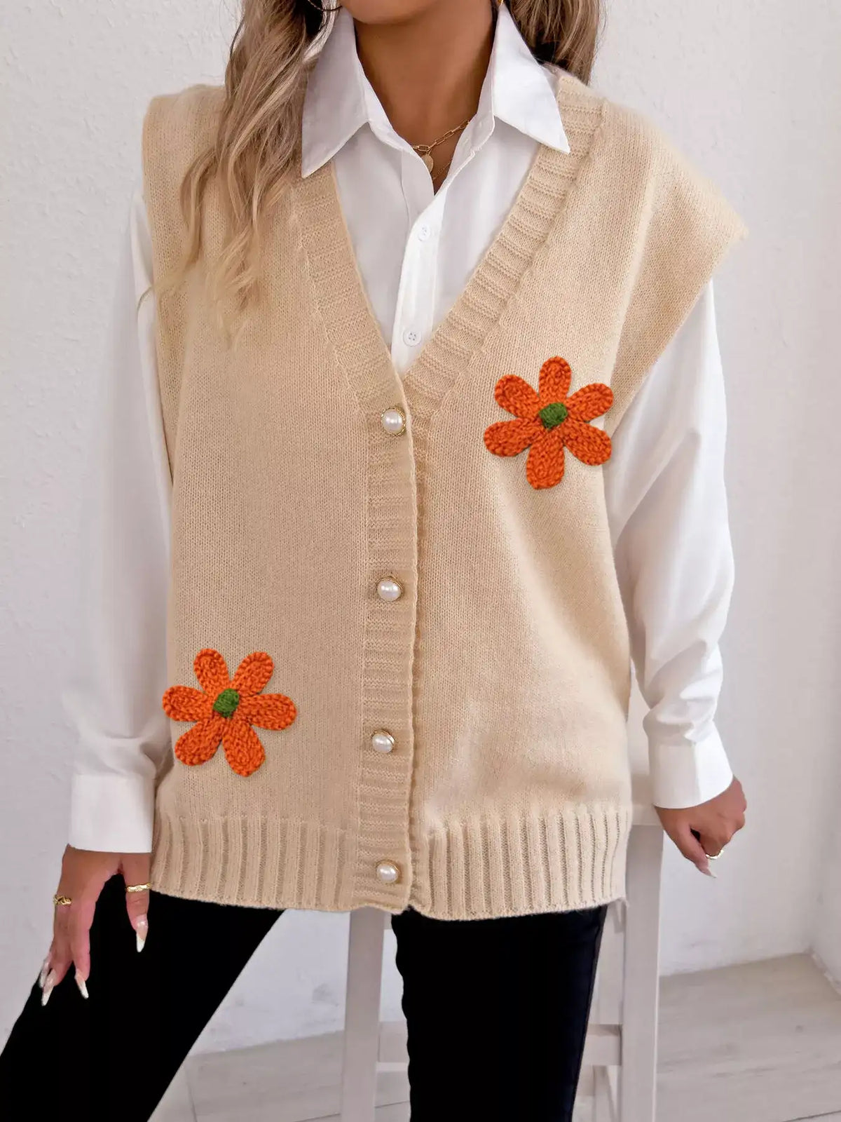 Flower V-Neck Sleeveless Cardigan - Trendsi - Flyclothing LLC